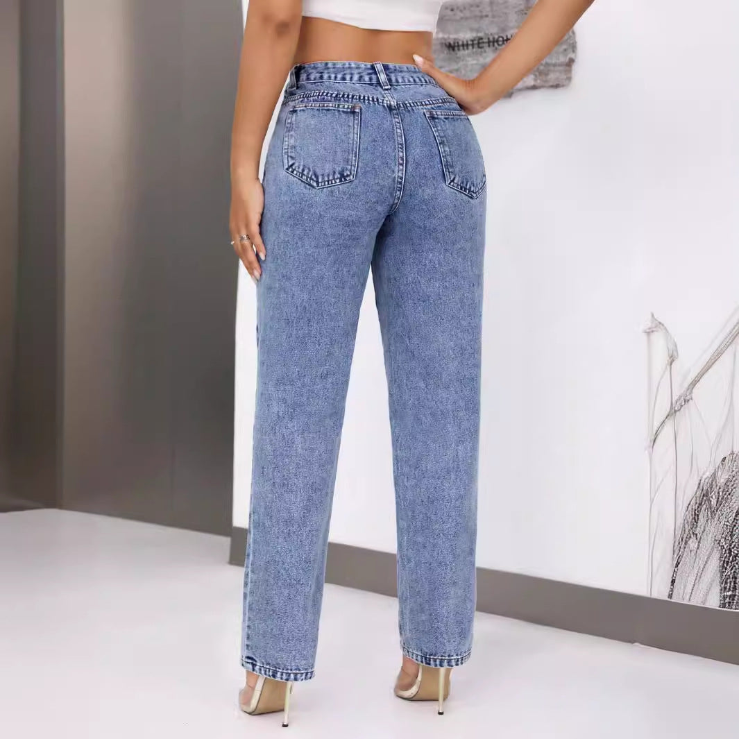 Retro High Waist Denim Straight Leg Jeans