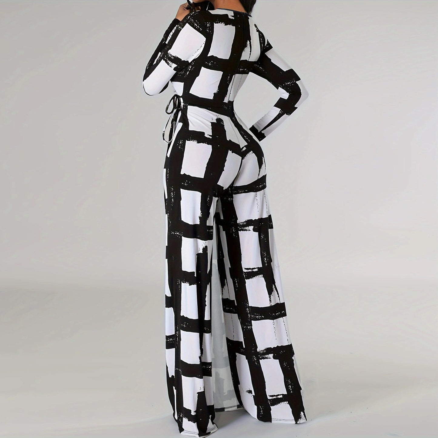 V Neck Printed Long Sleeve Loose Jumpsuit