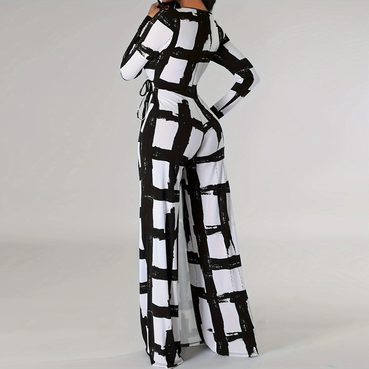 V Neck Printed Long Sleeve Jumpsuit