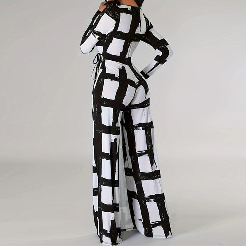 V Neck Printed Long Sleeve Jumpsuit