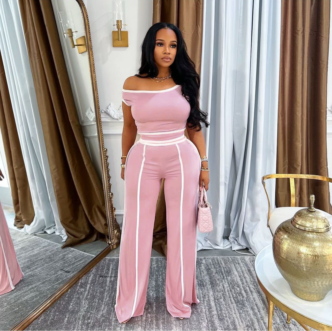 Solid Color Wide Leg Pants Two Piece Set