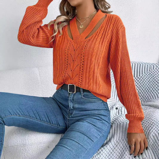 Hollow Cutout V Neck Pullover Sweater