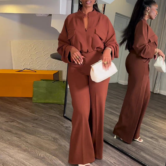 V Neck Long Sleeve Top Wide Leg Trousers Suit