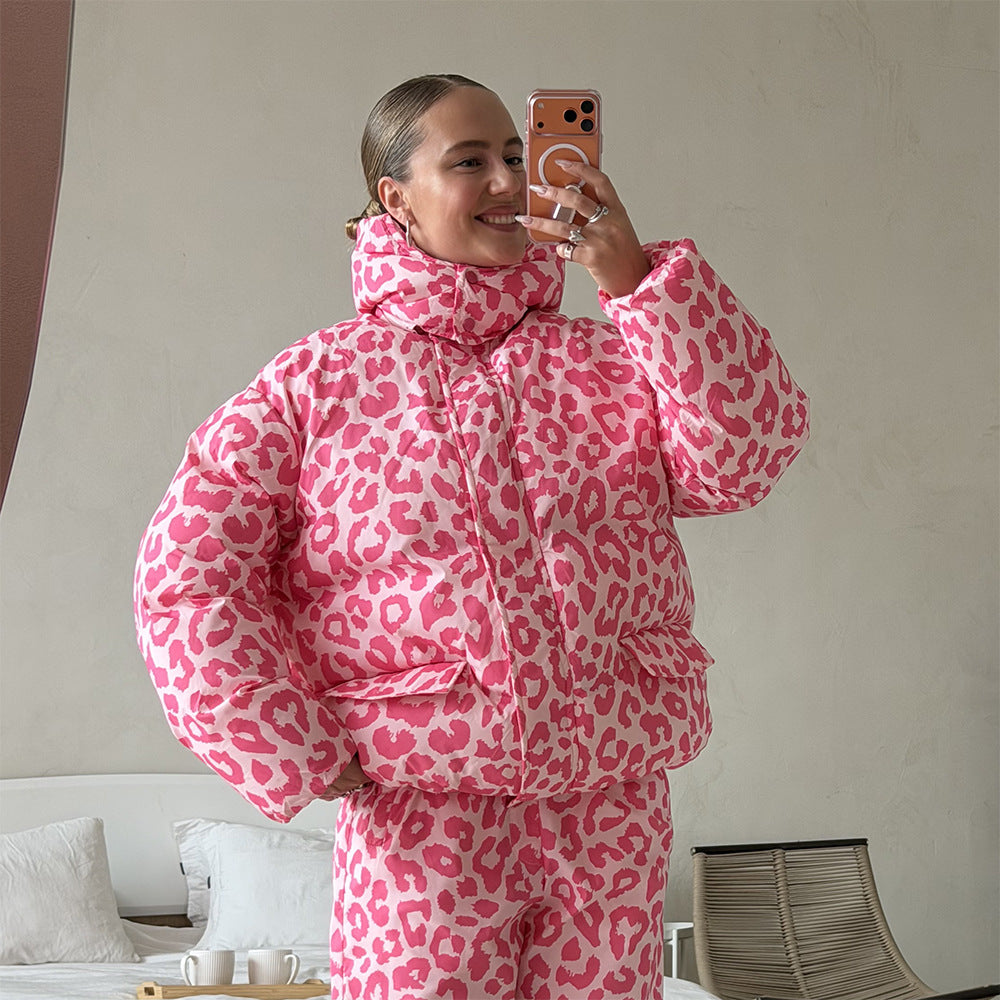 Rose Red Leopard-Print Cotton-Padded Jacket