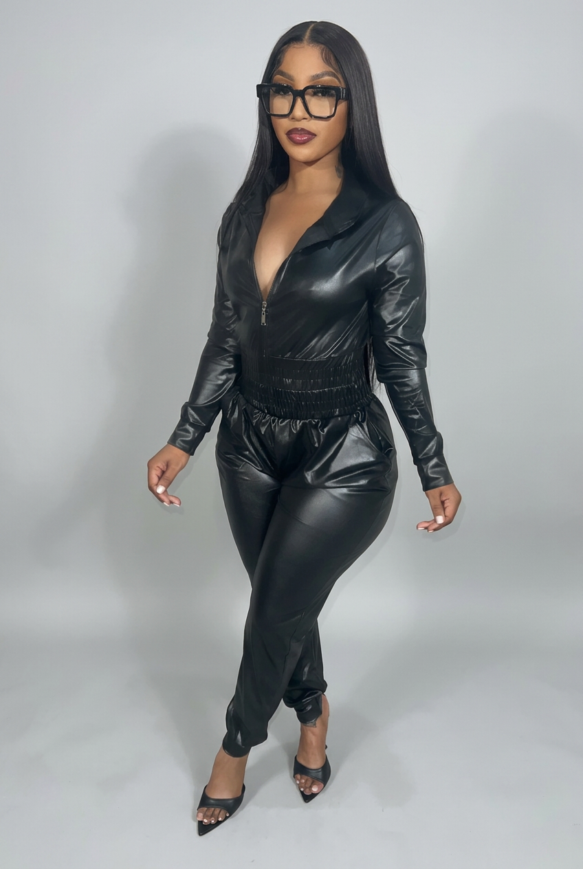 Faux Leather Casual Suit Two Piece Set