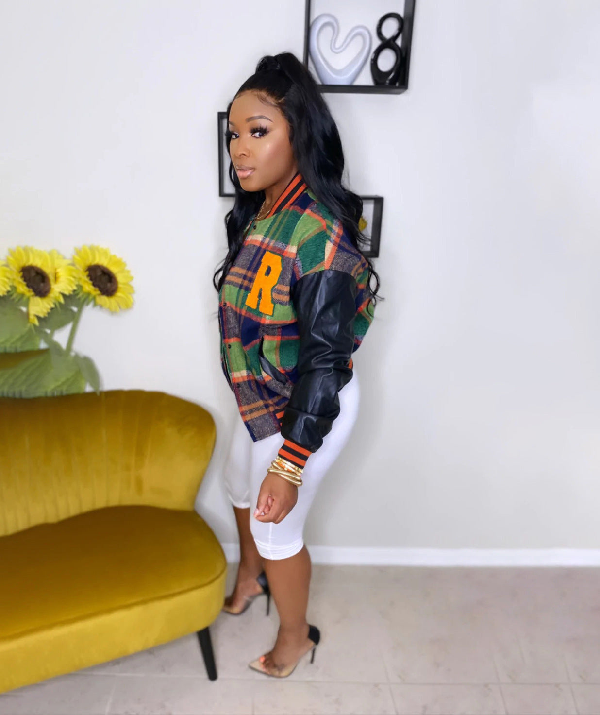 Embroidered Faux Leather Stitching Varsity Jacket