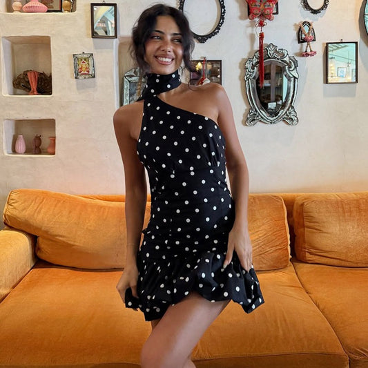 Women Clothing Street Shooting Ribbon Backless Polka Dot Cinched Dress