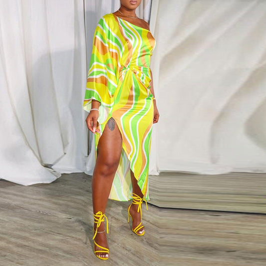 Printed Asymmetric Shoulder Slit Dress