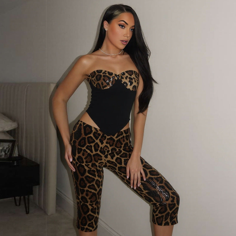 Leopard Print Tube Top Vest Sequined Cropped Pants Set