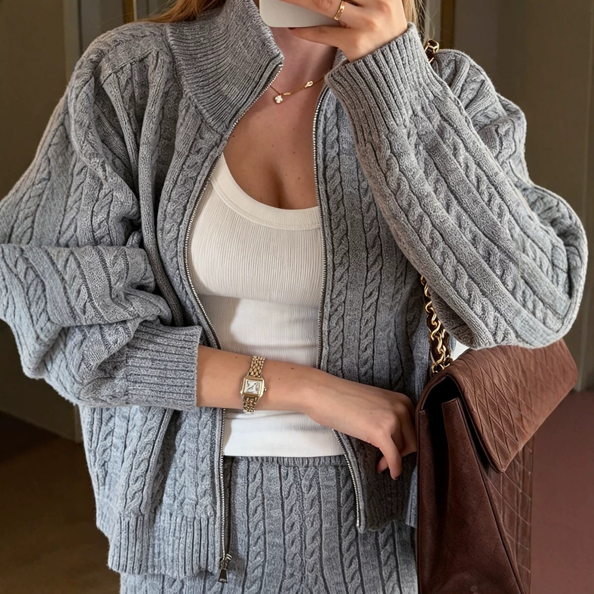Cable-Knit Zip-Up Turtleneck Sweater & Pants Set
