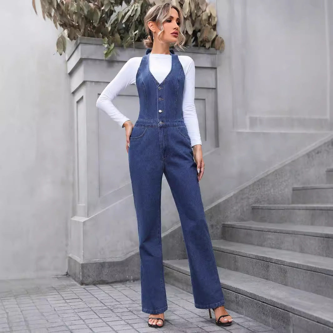High Waist Straight Leg Denim Jumpsuit