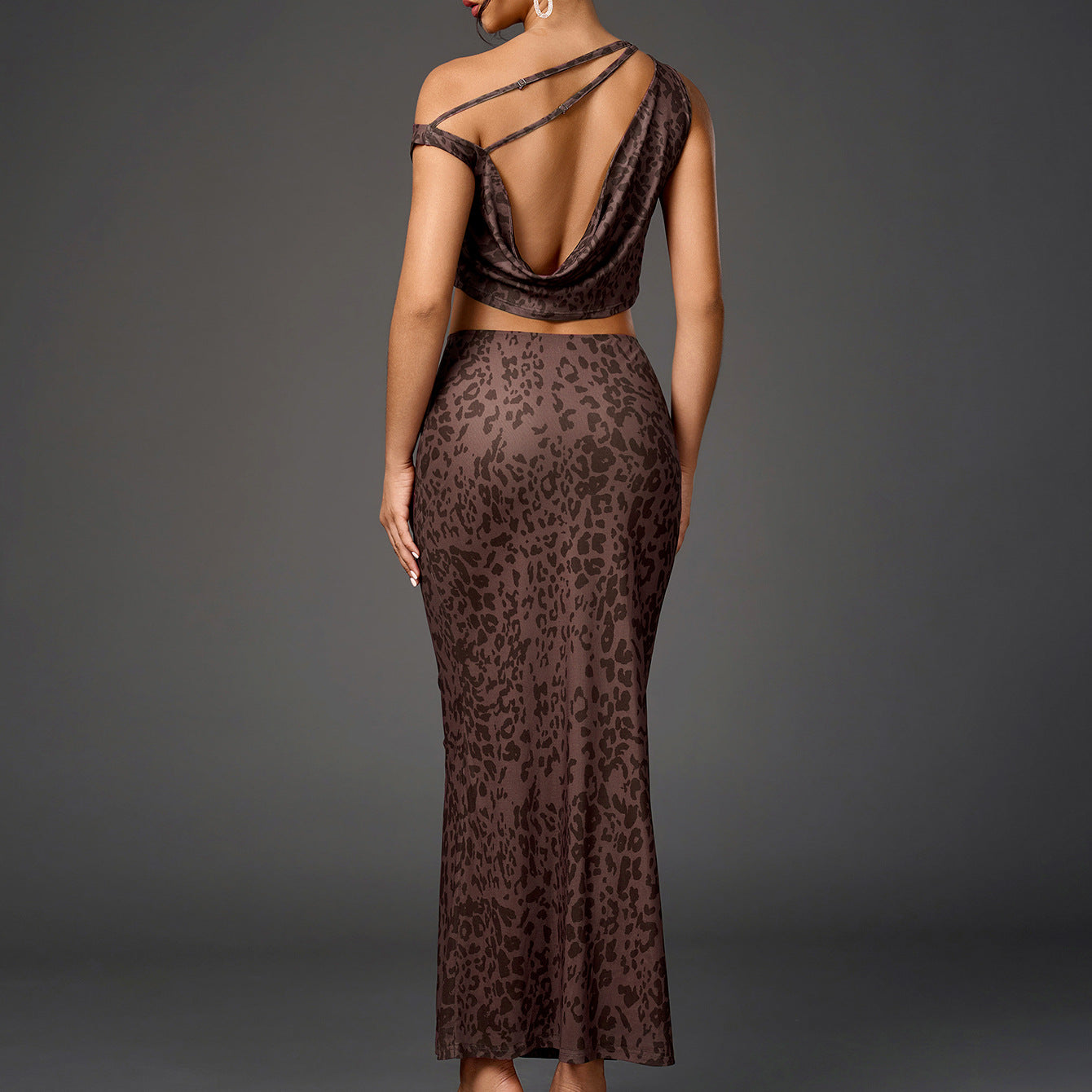 Backless Leopard Print Two Piece Skirt Set