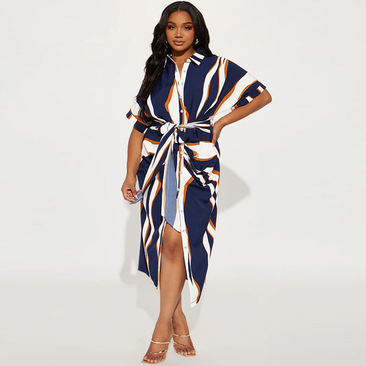 Striped Bandage Sleeve Long Pattern Dress