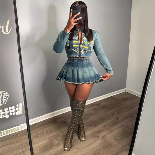 Embroidered Top Pleated Skirt Set