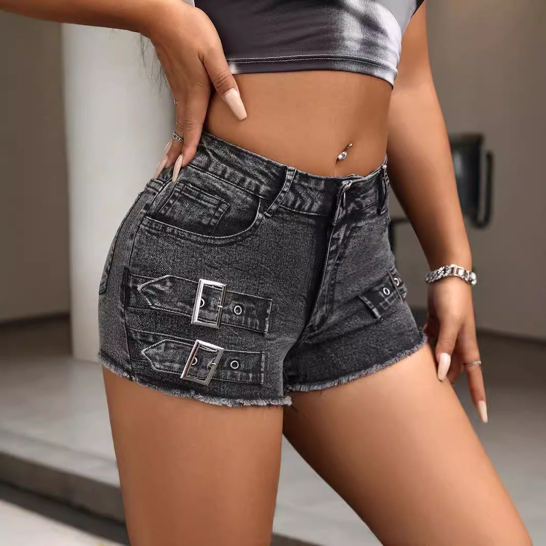 Metal Buckle Stretch Denim Shorts