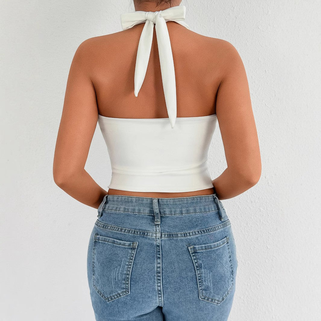 Halter V neck Backless Cropped T shirt