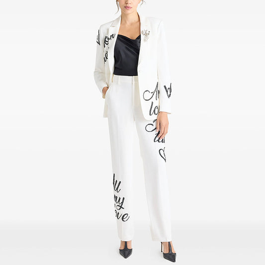 Alphabet Embroidery Sequined Blazer Trousers Two Piece Set