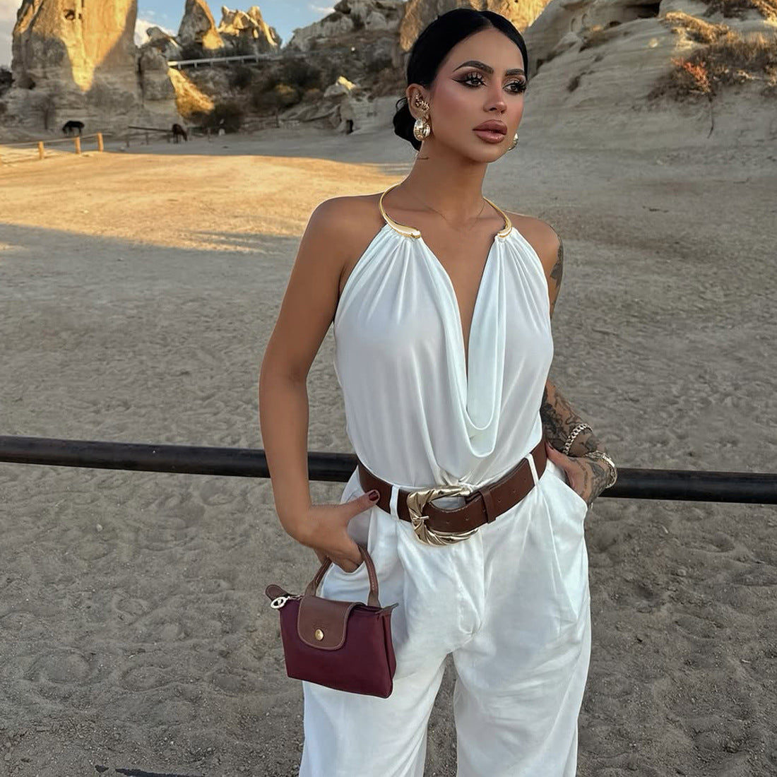 Metal Halter Collar Backless Shirt