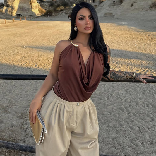 Metal Halter Collar Backless Shirt