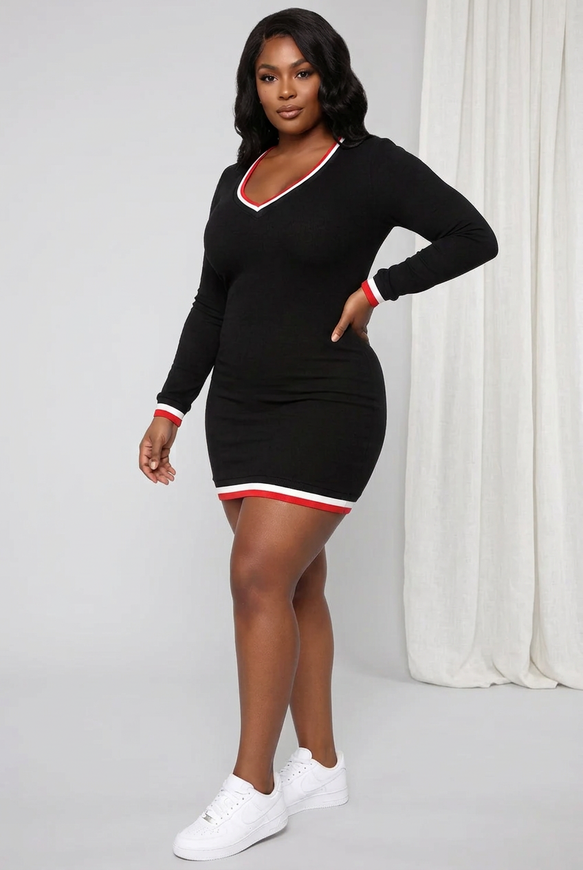 V Neck Solid Color Long Sleeve Dress