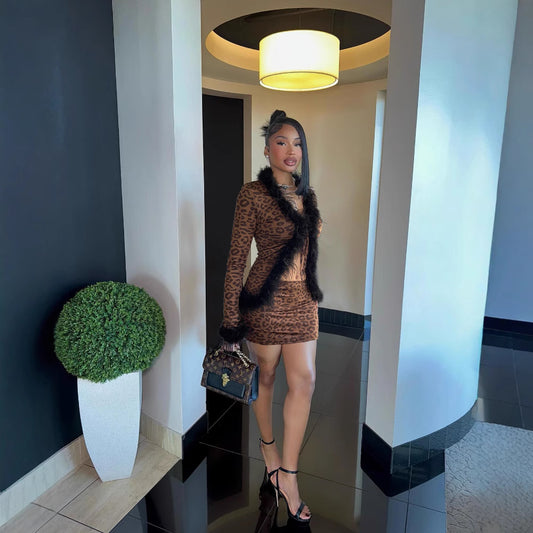 Furry Tied Cardigan Leopard Print Two Piece Skirt Set