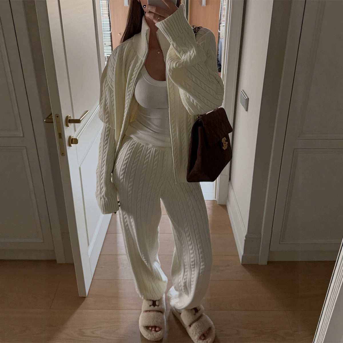 Cable-Knit Zip-Up Turtleneck Sweater & Pants Set
