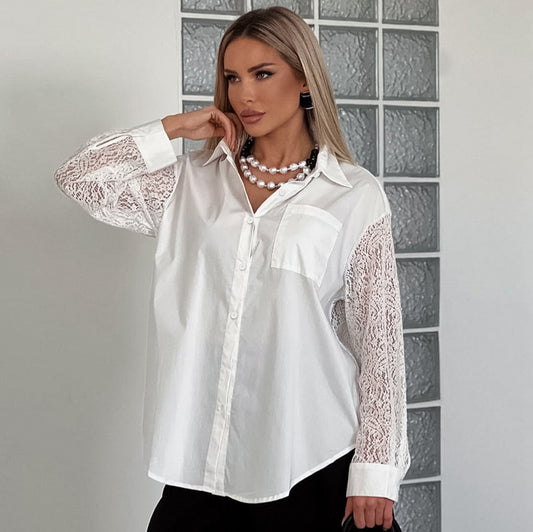 Lace Stitching Cutout Collared Shirt