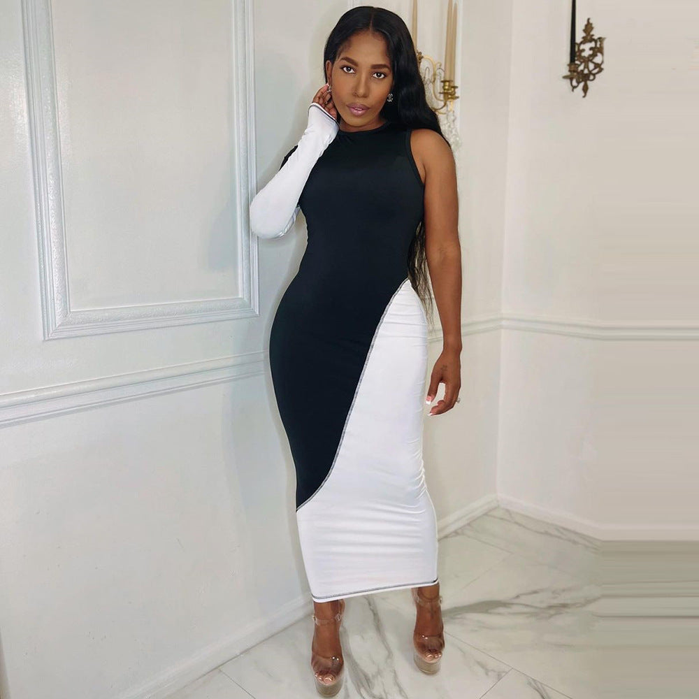 Contrast Color Side Long Sleeve Maxi Dress