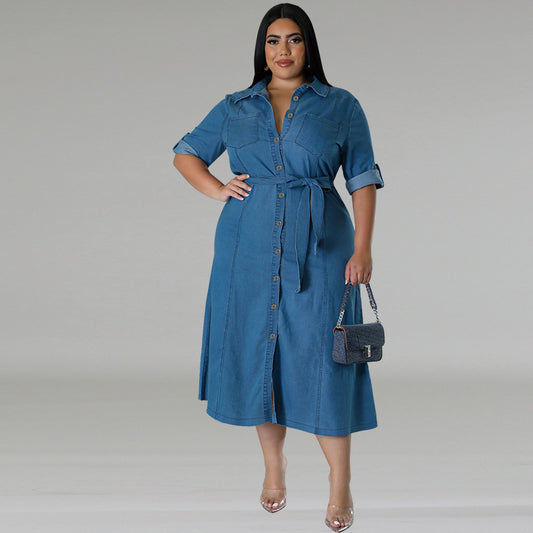 Denim Long Sleeve Tied Mid Length Dress