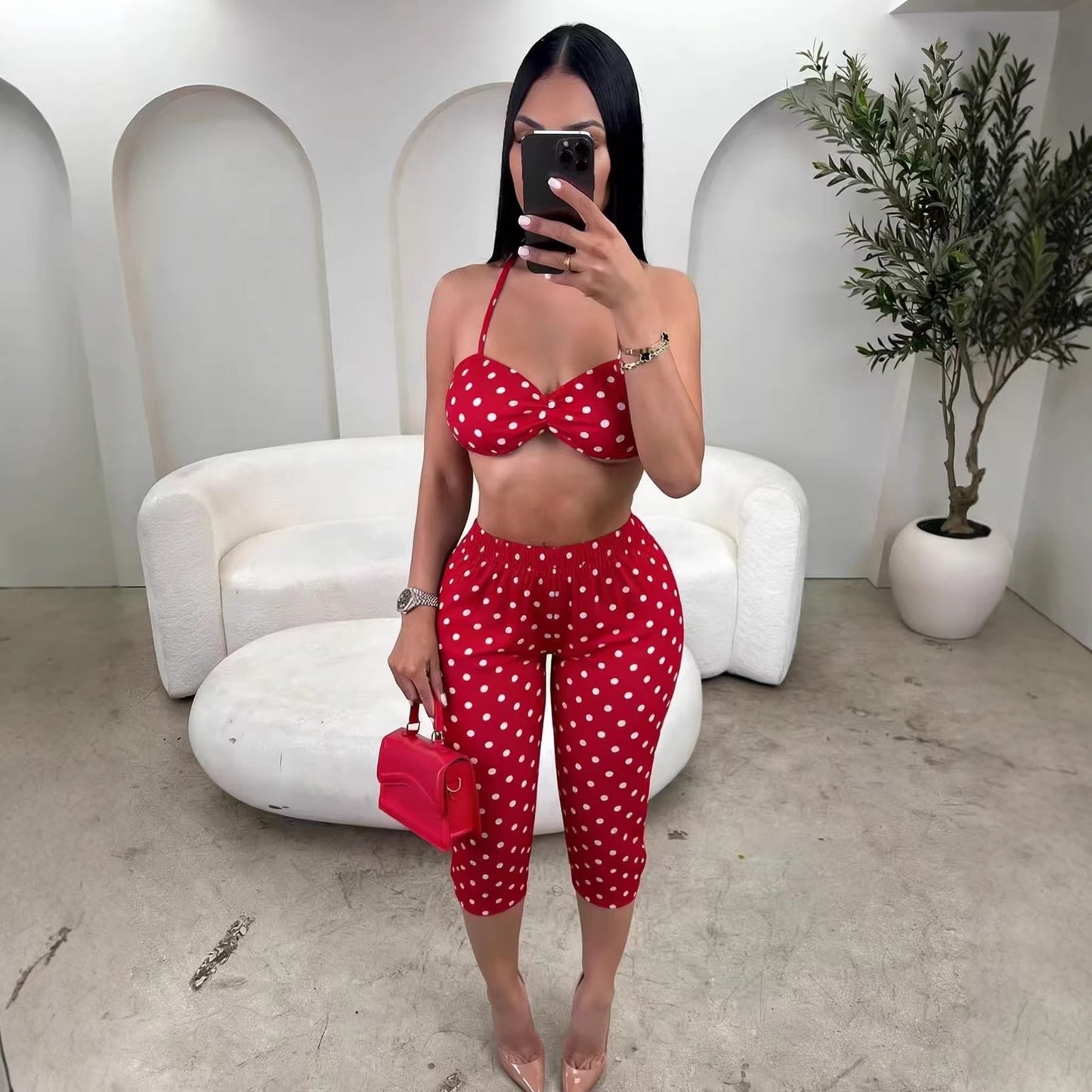 Women Clothing Print Sexy Camisole Waist Hip Lifting 7 Pants Two Piece Sets Women