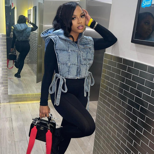 Denim Quilted Washed Hooded  Vest
