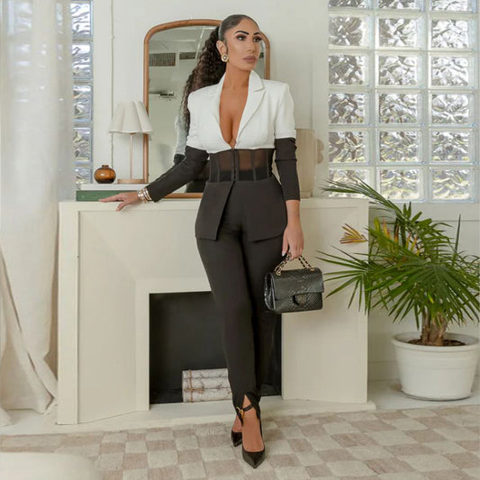 Contrast Patchwork Casual Two Piece Suit
