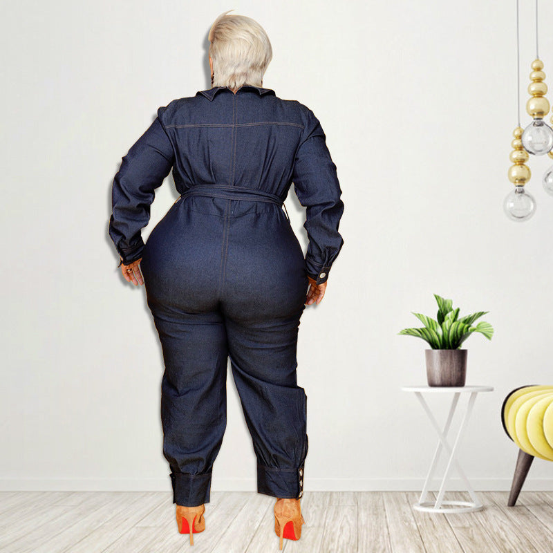 Slim V-neck Denim Jumpsuit