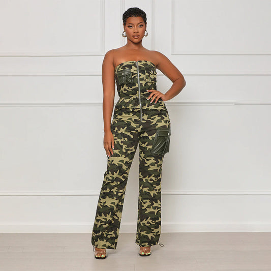 Tube Top Camouflage Jumpsuit