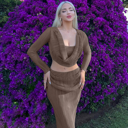 Long Sleeve Swing Collar Dress Two Piece Set