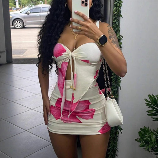 Summer Women Sexy Print Lace up off Shoulder Tube Top Package Hip Slim Fit Skirt Two Piece Sets