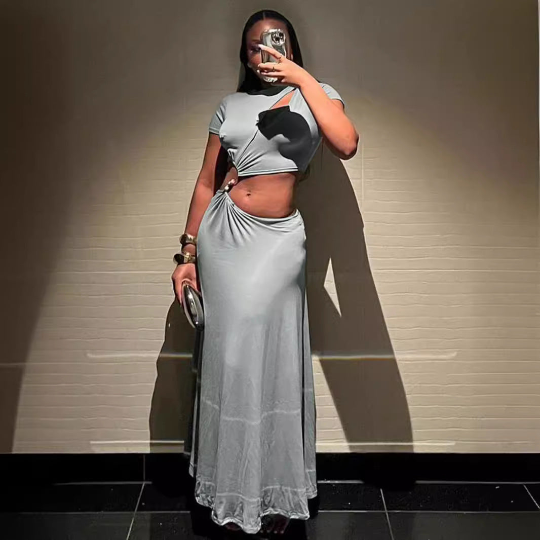 Chest Slit Beaded Cropped Short Sleeve Maxi Skirt Set