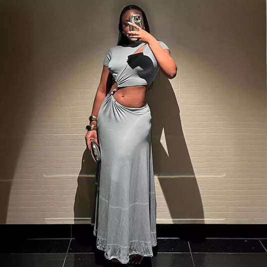 Chest Slit Beaded Cropped Short Sleeve Maxi Skirt Set