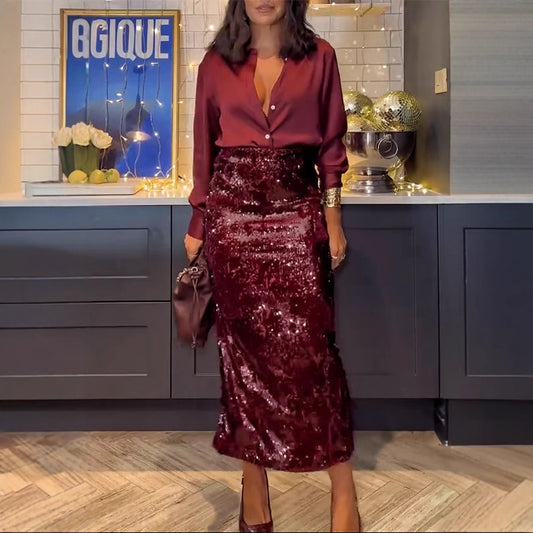 Collard Blouse Sequin Two Piece Skirt Set