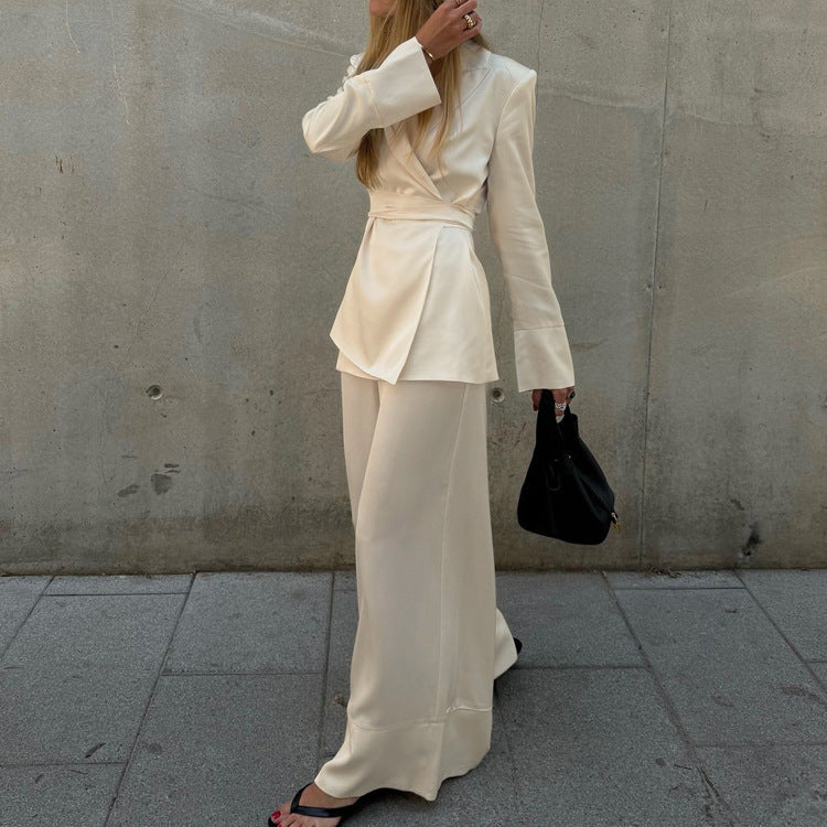 V neck Long Sleeve Wide Leg Pants Two Piece Set