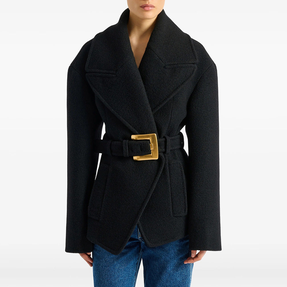 Belted Wide-Collar Mid-Length Woolen Coat