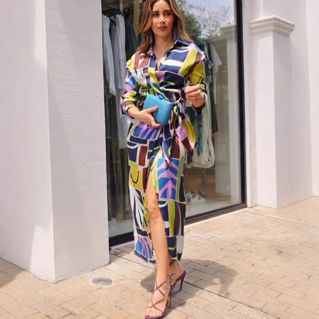 Printed V neck Long Sleeve Maxi Dress