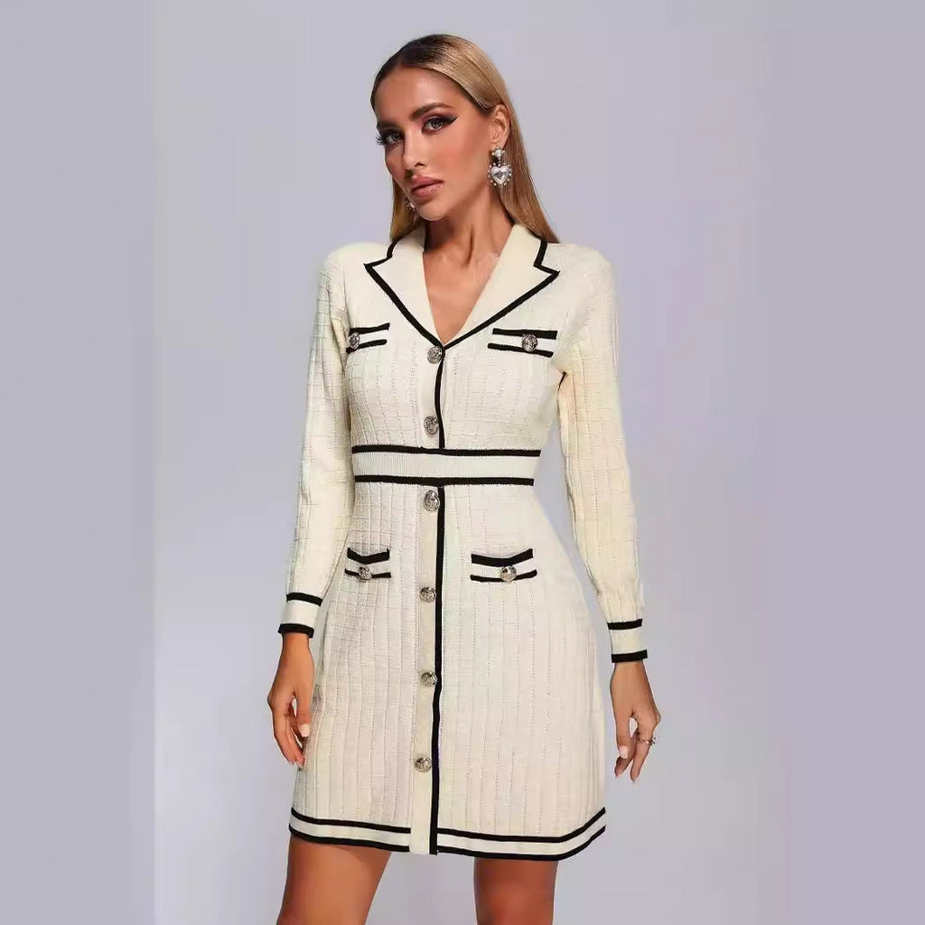 Long Sleeve Collared Knitted Classic Dress
