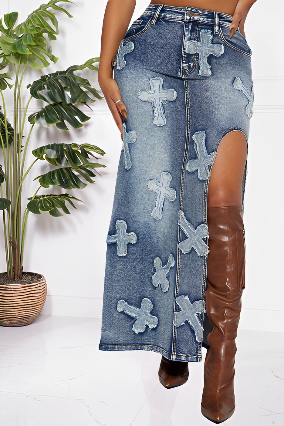 Embroidered Washed Denim Skirt Set