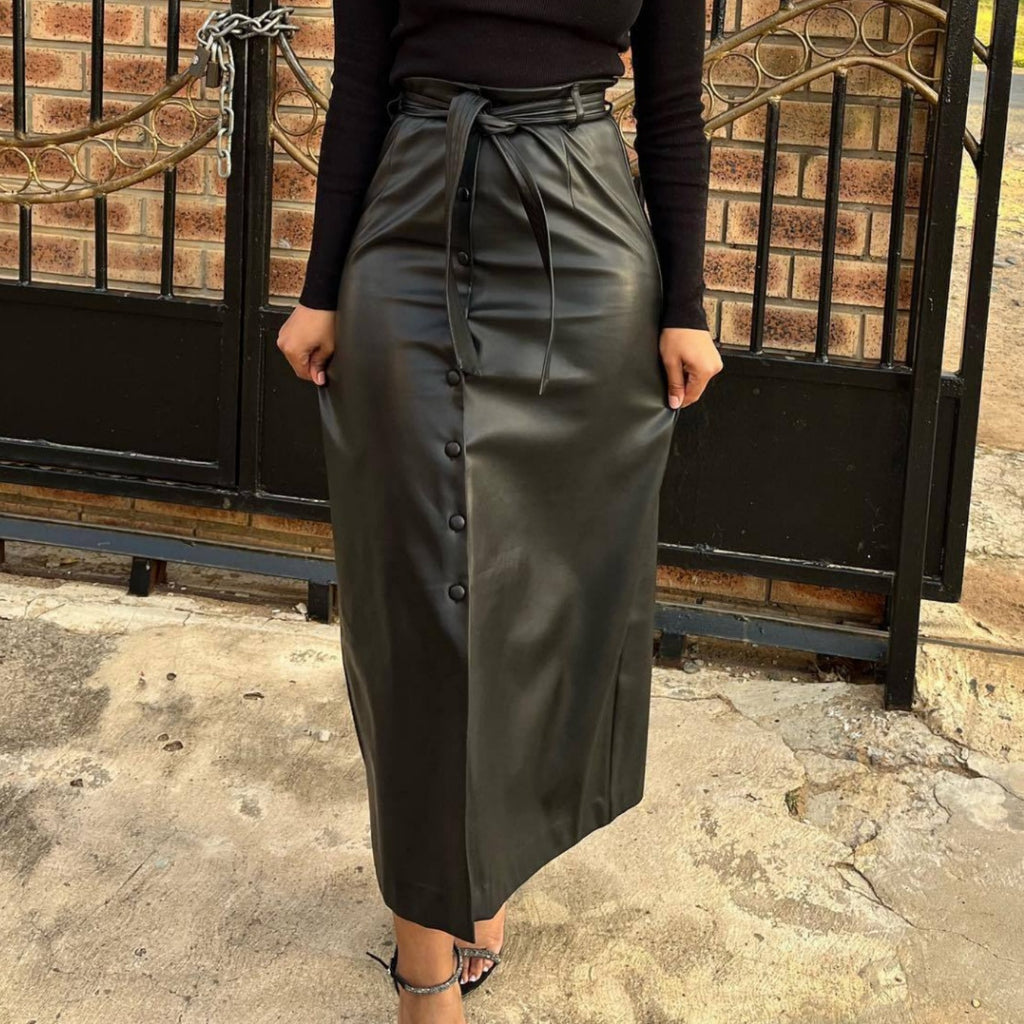 Mid-Length Black Faux Leather Skirt