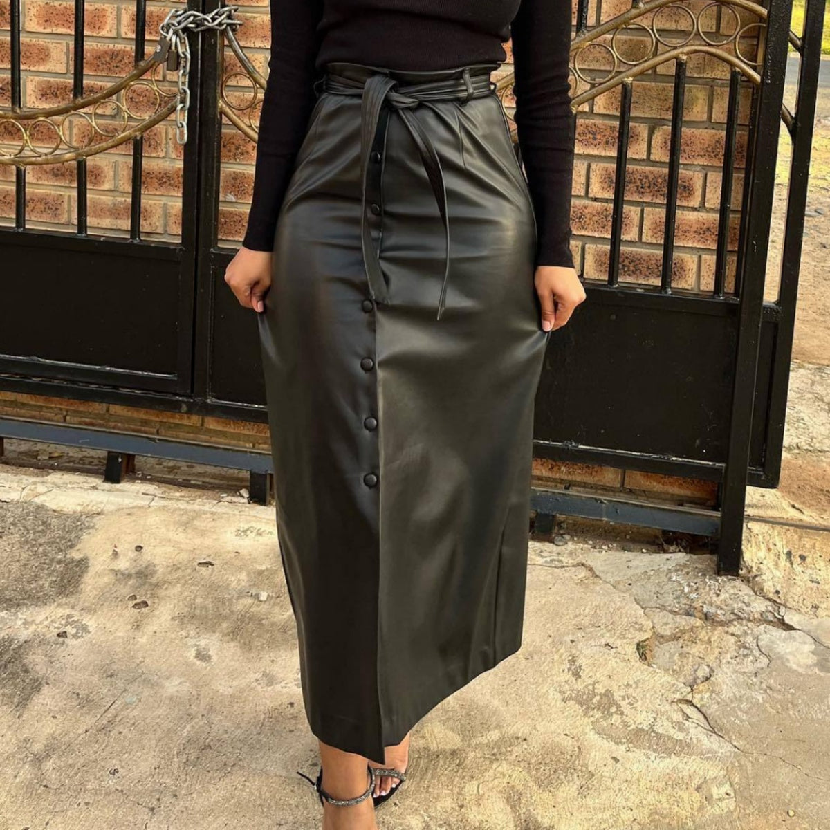 Mid-Length Black Faux Leather Skirt