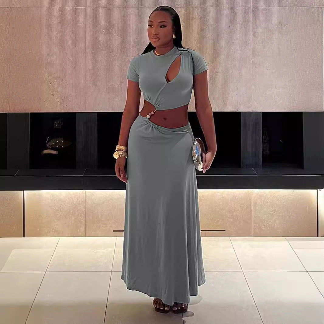 Chest Slit Beaded Cropped Short Sleeve Maxi Skirt Set