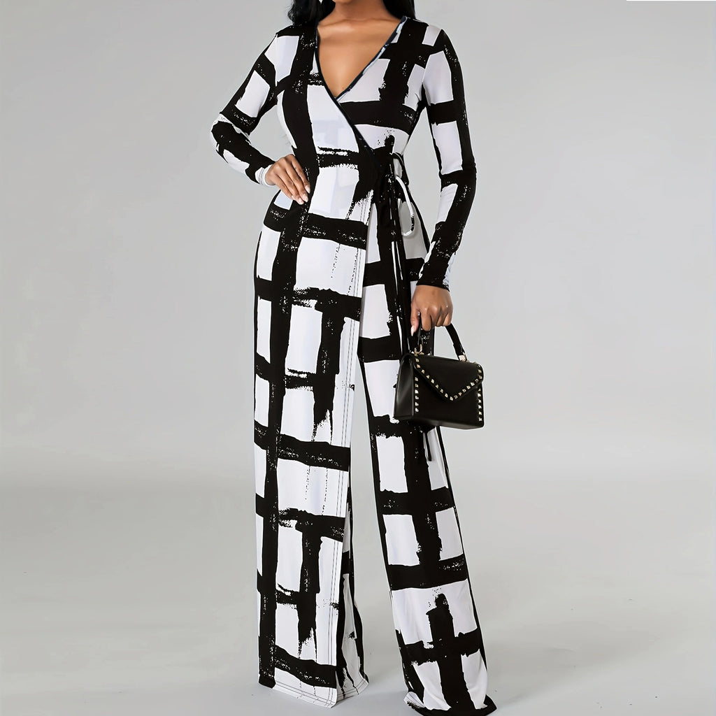 V Neck Printed Long Sleeve Jumpsuit