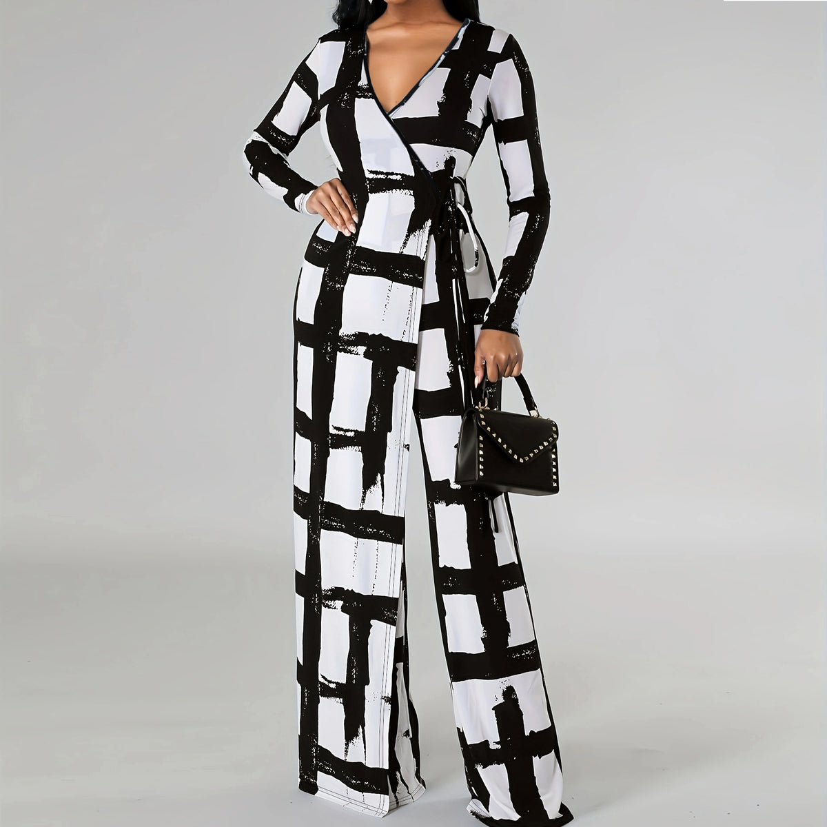 V Neck Printed Long Sleeve Jumpsuit