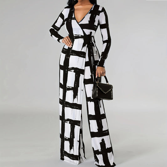 V Neck Printed Long Sleeve Loose Jumpsuit